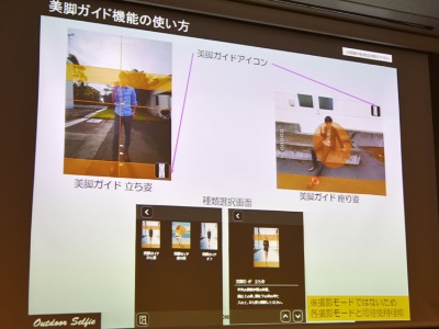 美脚ガイドは、座った状態でも脚長に撮れるモードも用意する