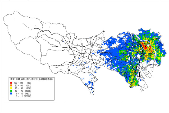 東京湾北部地震による全壊建物棟数の想定分布（東京都発行「首都直下地震等による東京の被害想定 ―概要版―」より転載）