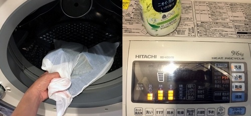 我が家の洗濯機はドラム式。弱水流に近い「ドライ」モードを選択し、洗剤はおしゃれ着専用の中性洗剤を使った。約40分で洗濯終了。脱水の際に「ガタガタガタ」と靴が当たる音が少しした程度で、通常の衣類と同じように洗うことができた