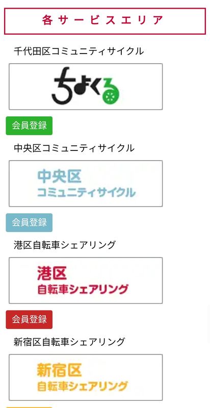 画面をスクロールすると、区ごとの登録画面があった。筆者は港区の自転車シェアリングサイトの「会員登録」をタップした