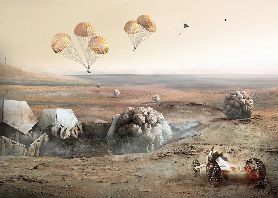 火星にある材料を生かして人間か暮らせる環境をつくる。フォスター事務所が近年特に力を入れたプロジェクトだった（資料：フォスター・アンド・パートナーズ）