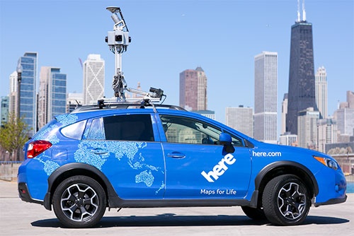 レーザースキャナーを積んだヒアの測量車。レーザー搭載車だけで200台を保有し、世界中の道路情報を収集している