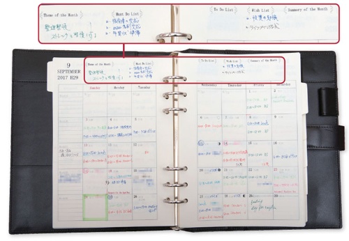 <span>1</span>今月のテーマを決める<br /><small>「Theme of the Month」（今月のテーマ）、「Must Do List」（必ずなすべきことの一覧）、「Wish List」（やりたいこと）など、手帳のマンスリー欄の上部に月間の目標を書いている。</small>