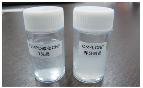 TEMPO触媒で酸化し、透明ゲルになったセルロースナノファイバー（左）
