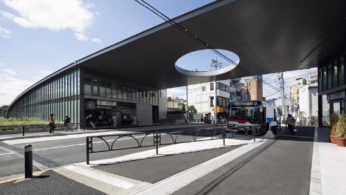 東急大井町線上野毛駅の公道をまたぐ大屋根。丸い穴は「駅が都市の中央である」(安藤忠雄氏)ことを表している(写真:吉田 誠)