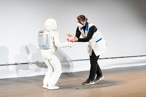 ASIMOの20年来のファンである後輩の科学コミュニケーター長島瑠子さん（写真＝稲垣純也）