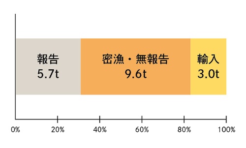2014~15年に日本の養殖場に入ったシラスウナギの内訳。18.3トンのうち、3.0トンが輸入、15.3トンが国内採捕。国内採捕の15.3トンのうち、適切に報告されているのは5.7トンのみで、残りの9.6トンは密漁または無報告漁獲などの違法な採捕・流通が関与していると考えられる。また、輸入された3.0トンも、原産国から密輸された疑いが強い。