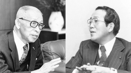 パナソニックホールディングス創業者の松下幸之助氏（左）と京セラ創業者の稲盛和夫氏（右）は1979年にPHP研究所の雑誌「Voice」の企画で対談した。稲盛氏は創業間もない60年代初頭に幸之助氏の講演を聴き、「強く願えば実現する」という精神論に深い感銘を受けていた（写真：PHP研究所）