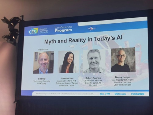 CESで開催された「現在のAIについての神話と現実」セッション。USAトゥデーのエド・バーグを司会に、マイクロソフト、ユニティ・テクノロジーなどから実務担当者が登壇