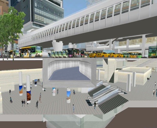 渋谷駅東口地下広場の断面図。東口地下広場の上に渋谷川が流れている。地上に見えるのは東京メトロ銀座線の新駅(図:渋谷駅街区土地区画整理事業共同施行者)
