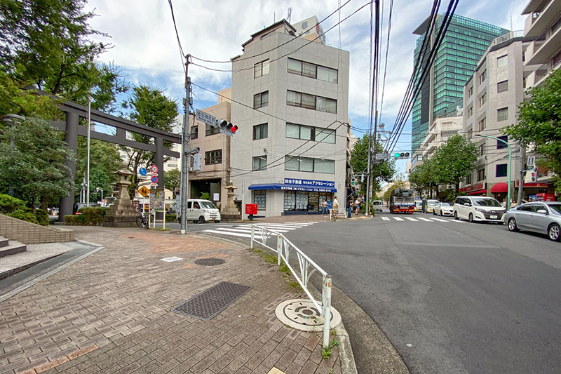 八幡通りを上ったところにある丁字路の「金王神社前」交差点。参道に続く左手に鳥居と常夜灯が見える。鳥居の先を進むと、すこーし下り坂になっているのが分かる