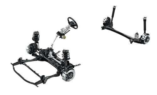 マツダ3のサスペンション。後輪にはシンプルなトーションビーム式を採用した。サスペンションアームは2点で車体に取り付けられている。(写真:マツダ)