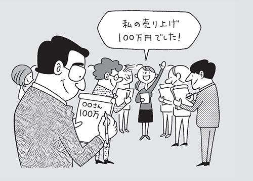 古田土会計では、毎月全従業員を集めての売り上げ発表会を開催している(イラスト=高田真弓)