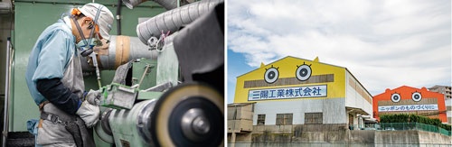 兵庫県明石市の本社(右)。研磨を主軸とした金属部品加工と製造派遣事業を手掛ける。従業員数約1500人、平均年齢は31歳