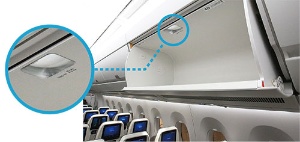 <span class="fontBold">世界中の航空機に採用されている「FFミラーAIR」。小さいサイズの平面ミラーでも手荷物入れの内部全体が映る</span>