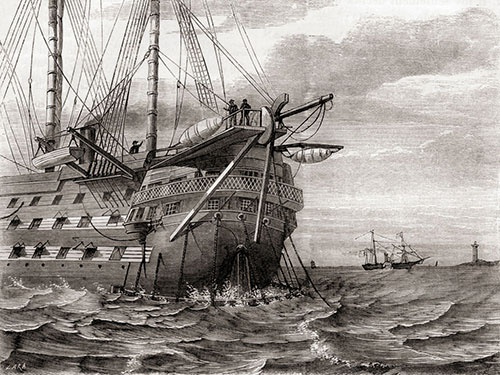 大西洋横断海底ケーブルを敷設する英船(1858)(写真=Universal History Archive / Getty Images)