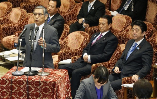 2013年4月、就任から間もなく衆院予算委に出席した日銀の黒田東彦総裁。右端は安倍晋三首相(当時)(写真:共同通信)