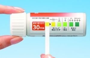 家庭でも手軽に尿糖の検査を行える試験紙が販売されている。(写真提供:テルモ)