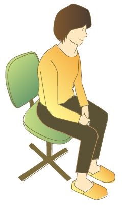 拳を軽く握り、肘をぐっと曲げ、脇を締める（上）。5秒キープ。太ももにストンと腕を落とし、20秒ほど静止する（下）。