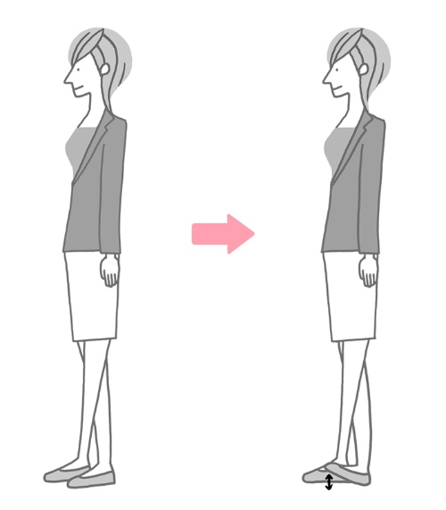 （1）「背伸び」と同じく、足を肩幅に開き、両足を平行にしてまっすぐ背中を伸ばして立つ。（2）左足を右足の斜め前にクロスし、足の裏全体を床に着ける。（3）そのままの姿勢で、右足の爪先を10回上下させる。爪先を上げるときは、ふくらはぎの筋肉が伸びていることを意識する。（4）右足を左足の斜め前にクロス。左足で同じ動作を行う。