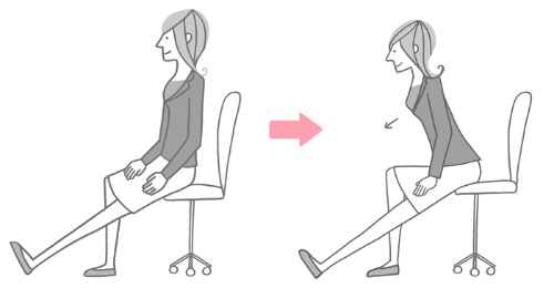 （1）少し浅めにイスに座り、坐骨をまっすぐ立てる。骨盤をイスと垂直に立てるイメージだ。さらに、座高を測るときのように背中をまっすぐ伸ばす。（2）左足を真っ直ぐ伸ばし、踵を床に着け、足首を直角に曲げて爪先を浮かせる。（3）背中を曲げず、股関節から上半身をゆっくり前に倒す。足の後ろ側の筋肉が伸びていることを意識しながら5秒ほどキープ。膝は曲げないのがベストだが、苦しければ無理せず、少し曲げても構わない。ただし、背中は曲げないこと。（4）上半身を起こし、2～3回繰り返す。続いて右足を前に伸ばし、同じ動作を行う。